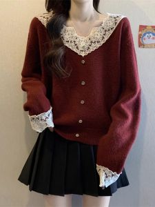 WANGGONGZHU | Princess Style Korean Loose Fit Knitted Lace Base Shirt V Neck Casual Red Inner Wear Top For Women Spring Autumn New Arrival