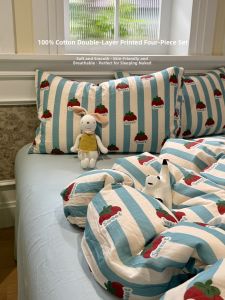 Suxuan | Rustic Stripe Persimmon Style Girls Heart Cotton Double Layer Gauze 3-Piece Bed Set