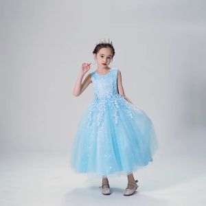 for 4 5 6 7 8 9 10 11 12 13 14 Year Old Blue White Kids Dresses For Girls Flower Ball Gown Birthday Wedding Party Princess Banquet Evening Summer Sleeveless Mesh Childrens Long Dress