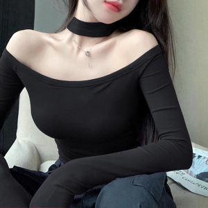 Shoulder Bared Long Sleeve Slim Fit T-Shirt Womens Style Korean Commute Pure Color Short Length Casual Top for Autumn