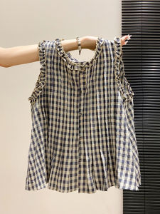 LUOSHAO | Sweet Pink Checkered Peter Pan Collar Sleeveless Loose Fit Slimming Doll Shirt