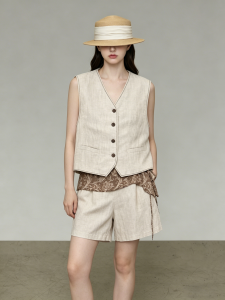 GULILI | Khaki Linen Sleeveless Vest Shorts Set