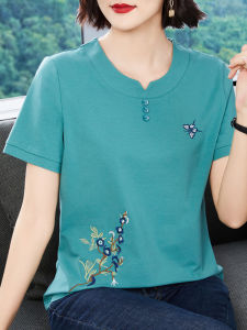 Summer New Womens Cotton Loose Short Sleeve T-Shirt Moms Fashionable Versatile Half Sleeve Top Moisture Wicking round Neck