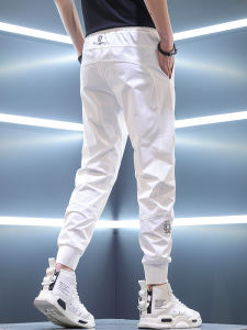 White Ice Silk Quick Dry Sports Casual Pants Mens Summer Thin Style Youthful Energy Fashionable Patchwork Pocket Detail