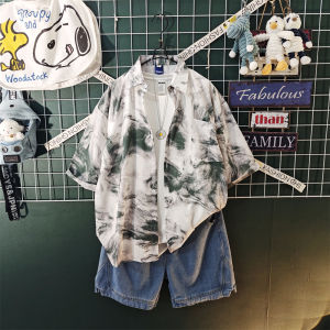 Summer Thin Mens Tie Dye Shirt Watercolor Print Denim Short Set Breathable Ice Silk Loose Fit Casual Youthful Style Short Sleeve