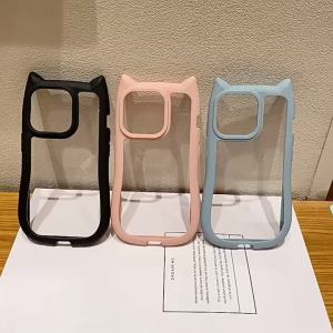 Cartoon Cute Cat Ear Frame Phone Case For iPhone 17 pro AIR 16 15 pro Max 14 13 12 11 8 7 XSMAX Solid Color Clear Shockproof Acrylic Protective Case