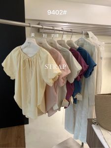 Womens Loose Bubble Sleeve Top Summer New  Style Necktie Sweet Shirt Commute Straight Tube Pure Color Short Sleeve