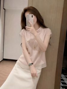 HUANJI | Áo Sơ Mi Dáng Rộng Mùa Hè Màu Hồng Viền Hoa 3D
