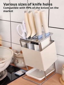 ODOROKU Stainless Steel Universal Knife Holder Storage Rack Knife Storage with Slots for Scissors and Sharpening Rod Kitchen Countertop Universal Knife Block Stable Knife Organizer Black White