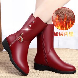 Giày Bốt Da Thật Mùa Đông Chống Trượt Đế Bằng Cao Đến Giữa Bắp Chân Cho Phụ Nữ Trung Niên Và Người Cao Tuổi