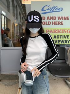 Stylish Bars Raglan Sleeve T-shirt Womens Inner Wear Spring and Autumn Chic American Retro Sweet Cool Long Sleeve Bottoming Top