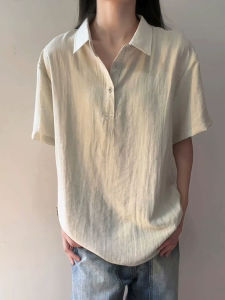 เสื้อยืดคอโปโลผ้าลินินบางสำหรับผู้ชาย แขนสั้น น้ำหนักเบา แห้งเร็ว ระบายอากาศได้ดี ทรงหลวม ฤดูร้อน 2025 ทรงหลวม