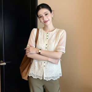 AIYITI | Lace Embroidery Short Sleeve Shirt for Plus Size