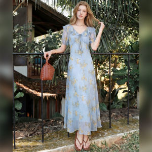 Floral Summer Long Dress with Ruffle and Waist-cinching