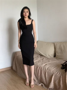 High-Waist Sling Dress for Women Ins Style Midi Length Sleeveless Square Collar Pure Color Ruched Street Fashion Dress