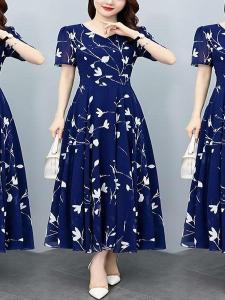 Elegant Short Sleeve Midi Dress Womens Slimming Waist Design Fashionable plus Size Floral Print Casual Style Striped Pattern