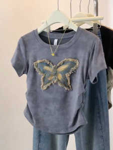 Tie Dye Butterfly Print Short Sleeve T Shirt Women Slim Waist Cropped Top Casual Daily Basic Tops