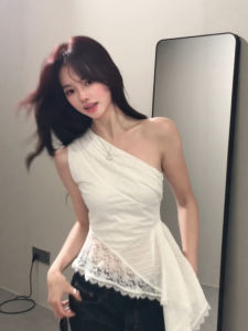 VKSOD | Irregular Lace Splicing Asymmetrical Neckline Sleeveless Slimming Top For Women Summer Pure Desire Commute Style Short Length