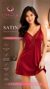 QMissLin Women Lace Satin Nightdress V-Neck Satin Sleepwear Soft Lace Nightgown Lightweight Sleep Dress