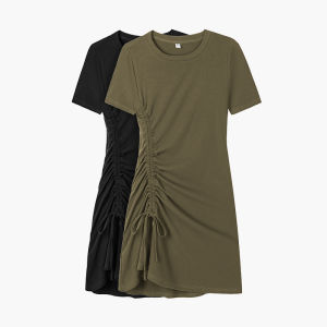 Váy Đen Ngắn Tay Mẫu Mới Xuân Hè Phong Cách Hepburn Kiểu Pháp Váy Liền Áo Thun Xẻ Tà Rút Dây Cảm Giác Thiết Kế Dáng Gầy Khí Chất