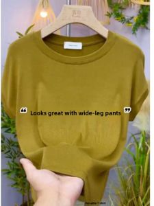 Summer 2025 Womens round Neck T-Shirt Loose Fit Fluffy Sleeve Solid Color Top Korean Style Casual Wear Meat Concealing Slimming