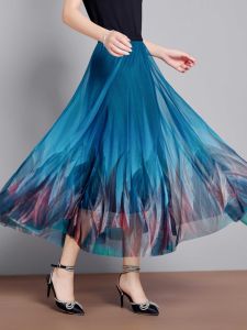 Flowy A-Line Skirt High Waist Mesh Dancewear over Knee Gradient Color Long Skirt Draping Midi Skirt for plus Size Women