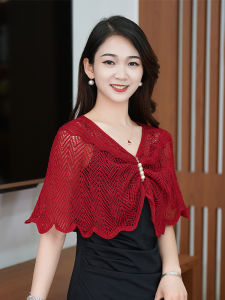 เสื้อคลุมยาวคลุมไหล่ถักบางสำหรับผู้หญิงในฤดูร้อน แขนสั้น ปกป้องคอ ป้องกันแสงแดด ห้องปรับอากาศ ปกป้องไหล่ คอ เสื้อคลุม