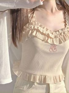 Áo Ba Lỗ Dây Ngắn Phong Cách Ngọt Ngào Cho Nữ Mùa Hè Mới Về Áo Lót Ngoài Trời Gợi Cảm Bằng Gỗ Tai Áo Vest Nữ