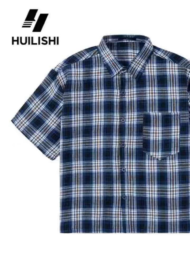 HUILISHI Box Fit Polo for Men Crop Top Cotton Plaid striped Korean style short-sleeved shirt