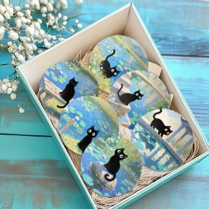 2D 10cm Black Cat Lotus Round Wooden Coaster Monets River Durable Dining Table Mug Perfect Partie Artwork Protecting Tabletop