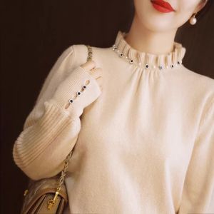 Autumn Elegance Stand Collar Beaded Long Sleeve Wool Knit Top