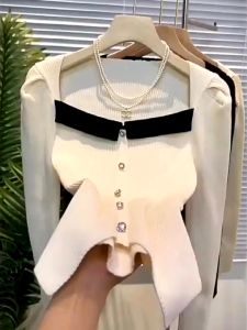 💥[A222] Áo len thun Montoghi dệt kim CỔ VUÔNG XẺ VẠT tay phồng phối nút Quảng Châu sang trọng - L2M