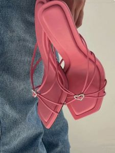 Beautiful Minimalist and Exquisite! Kitten Heel High Heel Rhinestone Thin Strap Heart Outwear Elegant Womens Slippers