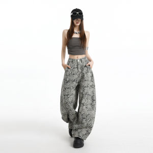 American Leopard Print 3D Patterened Wide Leg Pants Casual Bootcut Jeans Womens Loose Personality Fashionable Trousers