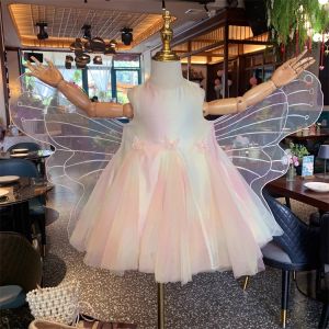 Princess Dress with Rainbow Butterfly Wings Vest for Little Girls Summer New Style Childrens Clothing Popular Small Girl Dress