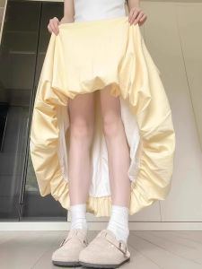 Váy Xếp Ly Ren Mỏng Màu Vàng Mùa Hè Cho Nữ Váy Lụa Băng Váy Đèn Lồng Váy Chữ a Cạp Cao Váy Mềm Mại Váy Xếp Ly