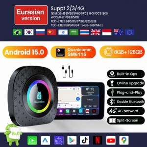 PLAYAIBOX 4G LTE Android 15 TV Box WiFi6 SM6115 8-Core Wireless Android Auto CarPlay Support Netflix YouTube Split Screen GPS