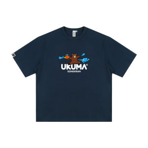 Loose round Neck Short Sleeve T-Shirt Bangkok Water Festival Limited Edition White Indigo Print UKUMA BANGKOK Banana Bear