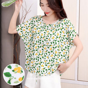 Summer Thin Cotton Silk Short Sleeve Womens Loose Top Casual Floral Artificial Cotton T-Shirt Trendy round Neck Short Length