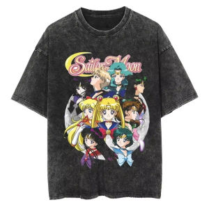 Bandai | Sailor Moon Vintage Washed Mens T Shirts Printed Summer Amercan Streetwear HipHop Men and women Short Sleeved Tee Harajuku
