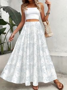 Printed Design Light Blue Sketch Floral Print All-Season Womens Maxi Skirt Casual Elastic Waist A-Line Half Skirt