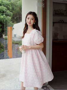 Sweet Japanese Style Floral Print Mini Dress Womens Summer Pink Bubble Sleeve Square Collar Princess Style Court Dress
