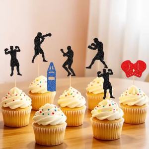 YOMDID 24Pcs Glitter Boxer Silhouette Cake Toppers Boxing Themed Cupcake Toppers Picks for Boxing Sports Birthday Decoration