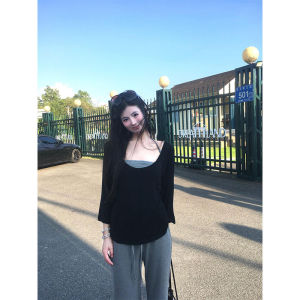 Slim Fit Lightweight T-Shirt Womens 2025 New Casual Versatile Strap Vest Two-Piece Set Top Simple Lazy Style Loose Style