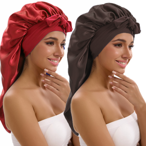 1/2/3pcs Satin Sleep Caps with Ribbon Tie - Black & Pink Polyester Night Hats for Long Hair Casual and Stylish Design