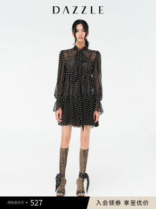 Black Polka Dot Dress Elegant Commuter Style by DAZZLE Simple Design Long Sleeve Midi Dress for Spring Season