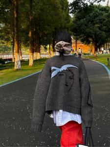 Áo Len Cardigan Dệt Kim Tay Dài Cổ Tròn Dáng Rộng Mùa Thu Đông Họa Tiết Hình Con Chim Cánh Cụt Cổ Điển Áo Khoác Ngoài Nữ