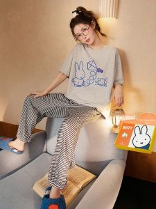 GONGDIE | Cool Summer Ladies Pajamas Cotton Short Sleeve Cartoon Stripe Long Pants