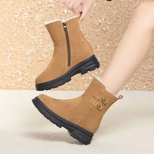 รองเท้าบูทกันหนาวแบบหนังขนสัตว์ผสมสำหรับผู้หญิง ทรงหัวมน พื้นแบน รองเท้าบูทกันหนาวแบบสั้น หนา อบอุ่น สำหรับฤดูหนาว