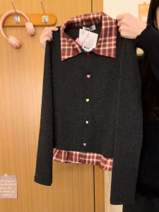 Womens Long Sleeve Knitted Polo Inner Wear Top Button Plaid Splicing Design Sense Base Shirt Polyester Spandex Blend